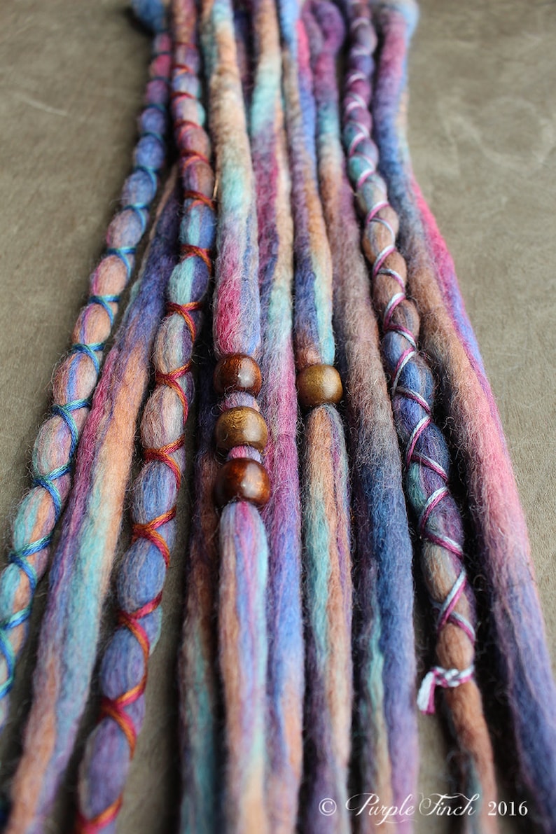 10 Custom Clip In or Braid In Dreadlock Extensions Color Mix: Jewel Tone Boho Tie Dye Wool Synthetic Dreads Hair Wraps and Beads image 1