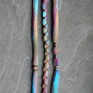 3 Custom Clip In or Braid In Dreadlock Extensions Color Mix: Hippie Boho Tie-Dye Wool Synthetic Dreads Hair Wraps and Beads image 3