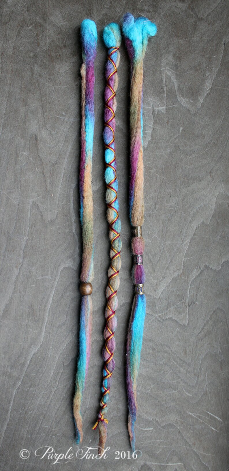 3 Custom Clip In or Braid In Dreadlock Extensions Color Mix: Hippie Boho Tie-Dye Wool Synthetic Dreads Hair Wraps and Beads image 3