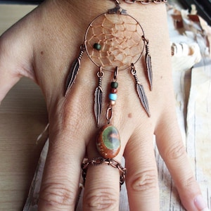 Peace Catcher Australian Agate Bohemian Dreamcatcher Bracelet Hippie Tribal Copper Native American Inspired image 1