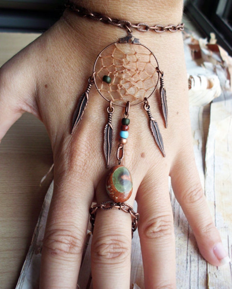 Peace Catcher Australian Agate Bohemian Dreamcatcher Bracelet Hippie Tribal Copper Native American Inspired image 1