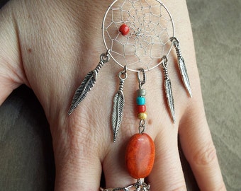 Peace Catcher Red Coral Bohemian Dreamcatcher  Bracelet Stone Hippie Tribal Silver Native American Inspired