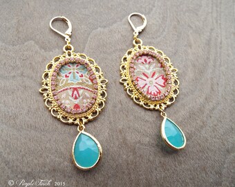 Couture Gold Embroidered Frame Dangle Earrings