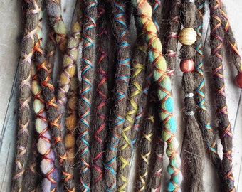 10 Custom Clip In or Braid In Dreadlock Extensions Standard Synthetic Hair and Tie Dye Wool Boho Dreads Hair Wraps & Beads