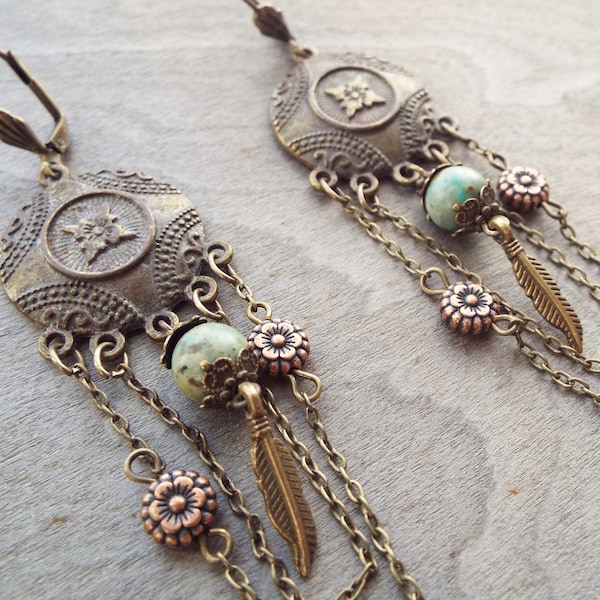 Bohemian Earth Goddess Earrings Antiqued Bronze Copper African Turquoise Tribal Tibetan Boho Hippie Nature