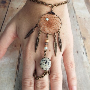 Peace Catcher Dalmatian Jasper Bohemian Dreamcatcher Bracelet Hippie Tribal Antiqued Brass Native American Inspired image 4