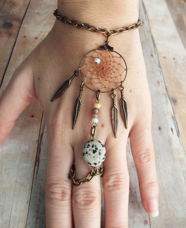 Peace Catcher Dalmatian Jasper Bohemian Dreamcatcher Bracelet Hippie Tribal Antiqued Brass Native American Inspired image 4