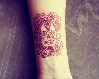 2 Temporary Henna Tattoos Sugar Skull Day of the Dead Día de los Muertos