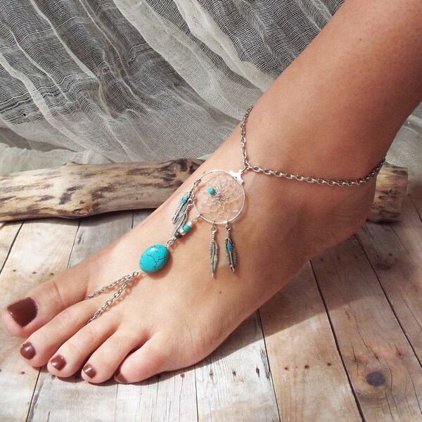 Pace catcher turchese Boho Silver Dreamcatcher Anklet Hippie Tribal Tribal Native American Ispirato