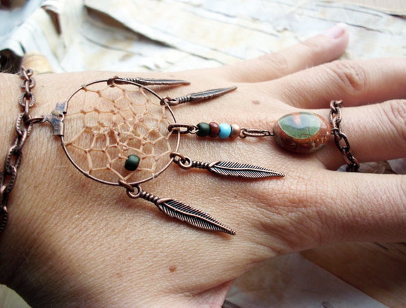 Peace Catcher Australian Agate Bohemian Dreamcatcher Bracelet Hippie Tribal Copper Native American Inspired image 2