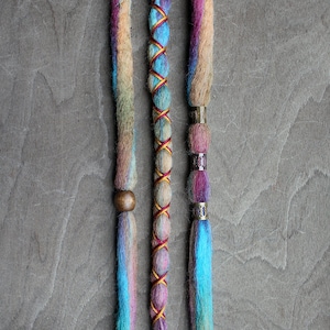 3 Custom Clip In or Braid In Dreadlock Extensions Color Mix: Hippie Boho Tie-Dye Wool Synthetic Dreads Hair Wraps and Beads image 1