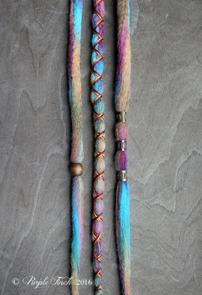 3 Custom Clip In or Braid In Dreadlock Extensions Color Mix: Hippie Boho Tie-Dye Wool Synthetic Dreads Hair Wraps and Beads image 1