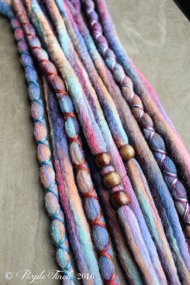 10 Custom Clip In or Braid In Dreadlock Extensions Color Mix: Jewel Tone Boho Tie Dye Wool Synthetic Dreads Hair Wraps and Beads image 3