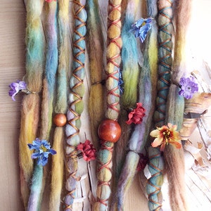 10 Custom Clip In or Braid In Dreadlock Extensions Color Mix: Lucky Clover Boho Tie-Dye Wool Synthetic Dreads Hair Wraps and Beads