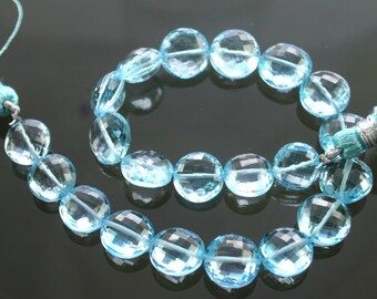 Pristine AAA Blue Topaz Micro Faceted Coins Beads Gemstones 9mm - 10mm