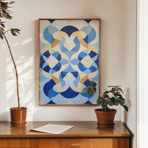 Póster de arte abstracto geométrico azul y dorado: decoración de pared moderna para espacios contemporáneos