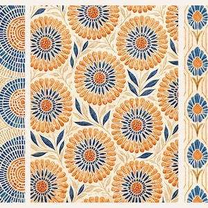 Peut inclure: Trois panneaux verticaux présentant des motifs répétitifs. Le panneau de gauche montre des cercles concentriques bleus et orange. Le panneau central affiche des fleurs orange avec des cœurs bleus et des feuilles vertes. Le panneau de droite présente des motifs floraux bleus et orange.