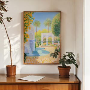 Gelassener mediterraner Garten Kunst Poster - Lebendige Springbrunnen und Blumenparadies