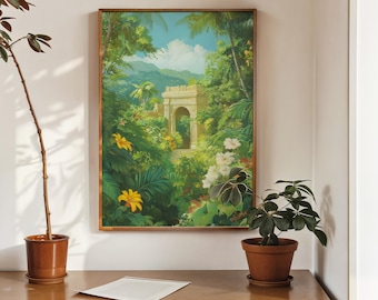 Tropical Jungle Ruins Wall Art – Lush Greenery & Ancient Architecture Print
