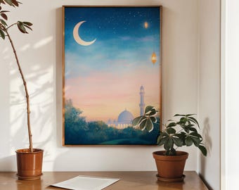 Eid & Ramadan Mubarak Wall Art – Islamic Crescent Moon and Lanterns Print