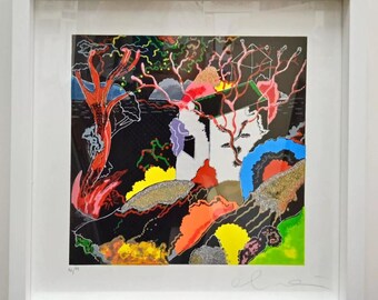 May include: A colorful abstract print with a white house in the center. The print features a black background with red, orange, yellow, green, blue, and purple accents. The house has a green roof and a white exterior. The print is framed in a white frame.
