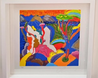 May include: A colorful abstract painting with a blue background, featuring a variety of shapes and colors, including red, orange, yellow, green, and white. The painting depicts a landscape with mountains, trees, and water.