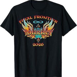 May include: Black t-shirt with a colorful graphic design. The design features the words "FINAL FRONTIER" and "JOURNEY" in a stylized font, along with an infinity symbol and the year "2026". The graphic has a winged design with orange, yellow, and blue hues.