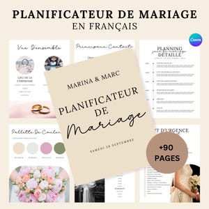 Peut inclure: Un planificateur de mariage en français avec plus de 90 pages. La couverture présente un fond beige avec le texte "Planificateur de Mariage" en écriture cursive noire. Le texte "Samedi 28 Septembre" est également inclus en noir. La couverture présente également deux alliances dorées et un bouquet de fleurs.