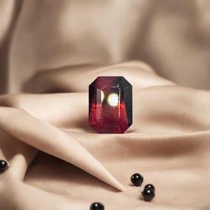 Puede incluir: Una piedra preciosa de color rojo oscuro, negro y blanco con corte facetado. La piedra preciosa está sentada sobre una superficie de tela marrón claro con cuentas negras esparcidas a su alrededor.