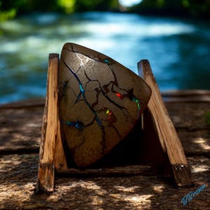 May include: A triangular piece of opal with a brown matrix and iridescent blue, green, and red flashes. The opal is displayed on a wooden stand.