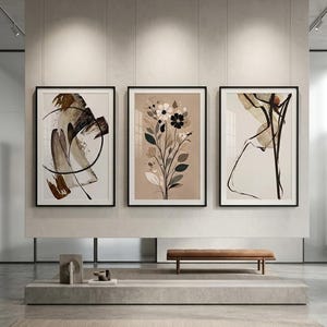 Set of 3 Neutral Abstract Botanical Prints, Minimalist Beige Framed Wall Art