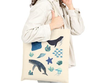 Sac fourre-tout en toile de coton Marine Life : shopping de plage respectueux de l'environnement