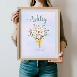 Printable April Birth Month Daisy and Sweet Pea Bouquet - Birth Flower Art with Custom Name and Date - Personalized Gift for April Birthdays