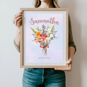 Printable August Birth Month Gladiolus and Poppy Bouquet - Birth Flower Art with Custom Name & Date - Personalized Gift for August Birthdays