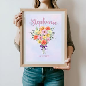 Printable October Birth Month Marigold and Cosmos Bouquet - Birth Flower Art with Custom Name & Date - Personalized Gift for October