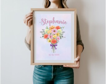 Printable October Birth Month Marigold and Cosmos Bouquet - Birth Flower Art with Custom Name & Date - Personalized Gift for October