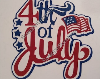 May include: Red and blue paper cut-out of the words "4th of July" with a small American flag in the upper right corner. The words are in a stylized font and the flag is waving.