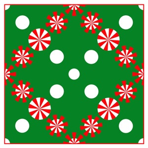 May include: A square pattern with a green background, white polka dots, and red and white pinwheel designs. The border is red.