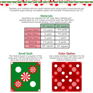 May include: A quilt pattern titled "Exploding Peppermints" with a festive design. The image includes fabric requirements for two quilt sizes, a small quilt layout, and a color option. The pattern features red, white, and green colors, with peppermint candy-inspired designs.