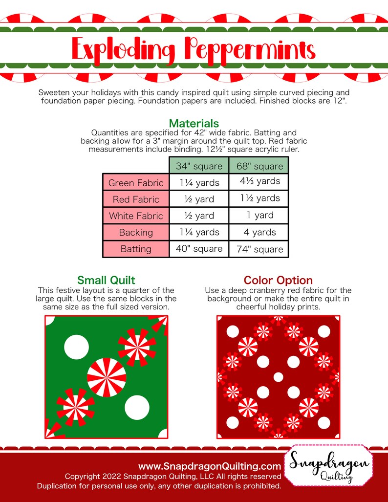 May include: A quilt pattern titled "Exploding Peppermints" with a festive design. The image includes fabric requirements for two quilt sizes, a small quilt layout, and a color option. The pattern features red, white, and green colors, with peppermint candy-inspired designs.