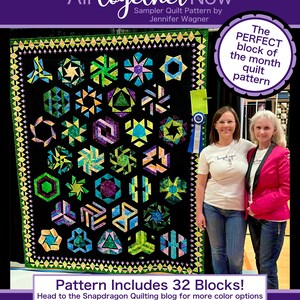 May include: A quilt pattern called "All Together Now" by Jennifer Wagner. The quilt is made up of 32 blocks and is shown in a variety of colors, including black, green, purple, and pink. The quilt is displayed on a purple background with the text "The Perfect Block of the Month Quilt Pattern" in a white circle. The finished quilt sizes are listed as: Wall: 27" x 27", Table: 27" x 55", Throw: 63" x 71", Twin: 75" x 91", Queen: 91" x 115".