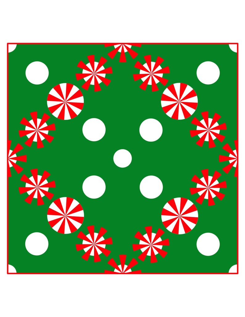 May include: A square pattern with a green background, white polka dots, and red and white pinwheel designs. The border is red.