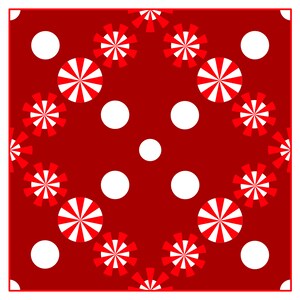 May include: A square, red background with a repeating pattern of white polka dots and stylized red and white pinwheel shapes. The design has a clean, geometric aesthetic, suitable for various applications.