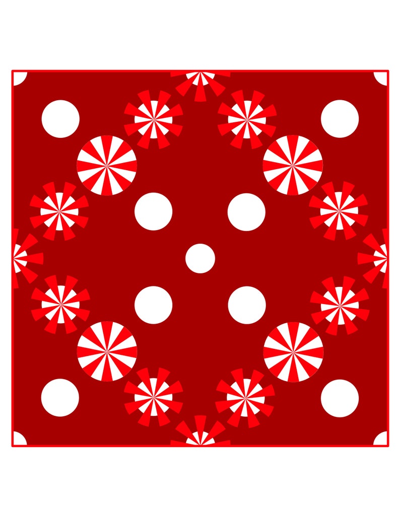 May include: A square, red background with a repeating pattern of white polka dots and stylized red and white pinwheel shapes. The design has a clean, geometric aesthetic, suitable for various applications.
