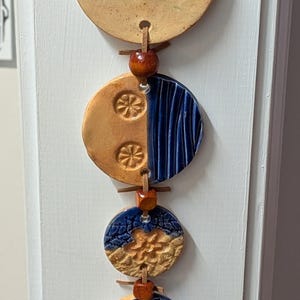 Handmade Ceramic Wall Hanging, Colorful Tile Art, Colorful Pottery Artwork with Wooden Beads