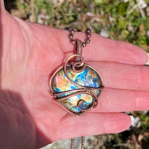 Wire Wrapped Rainbow Labradorite and Copper Heart Pendant Double Flash Reversible Spectrolite Valentines Day