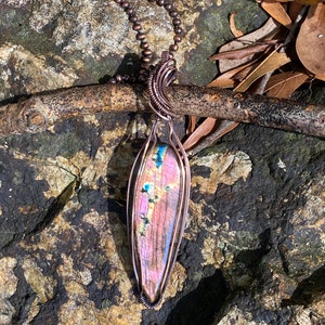 Wire Wrapped  Purple Multi Labradorite And Copper Statement Pendant Spectrolite