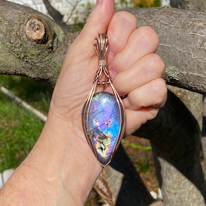 Wire Wrapped Rainbow Labradorite and Copper Statement Pendant Spectrolite