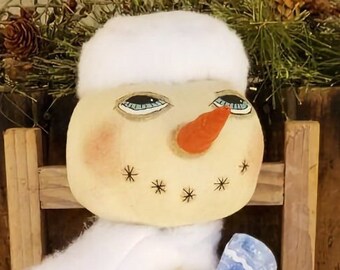 PRIMITIVE FOLKART CHRISTMAS Snowlady Skater Winter Art Doll "Snowflake" Light Blue White Dressy Snowman Collectible Handpainted Handstitched