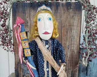 PriMiTiVe Americana Art Doll Makedo  "Lady Liberty" Statue Wooden Spool Decoration JULY 4th Hafair Fapm Red White Blue USA Firecrackers